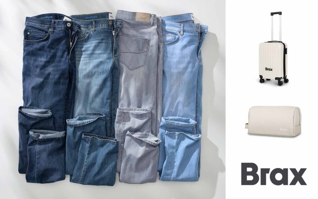 $ Denim Hosen, Trolley, Reisetasche und Brax Logo