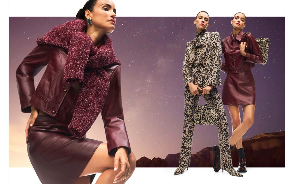 Drei Models vor einem Sternenhimmel in Burgundy und Leo Outfits