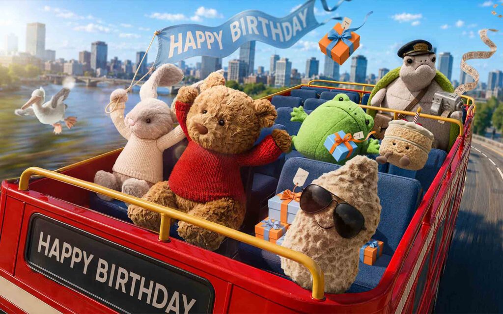 Mehrere Jellycats im roten Doppeldeckerbus