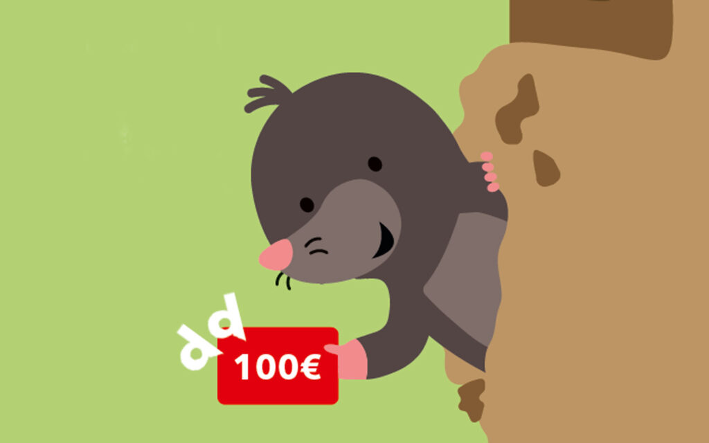 Maulwurf Dodo mit 100 € Gutschein in der Grabschaufel