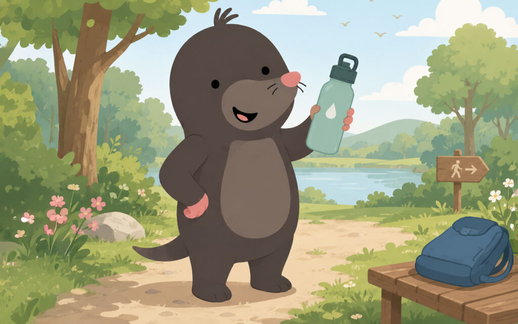 Maulwurf Dodo hält Trinkflasche
