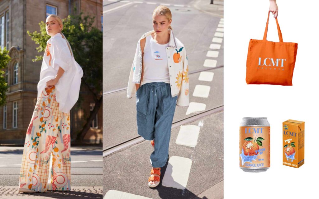 Model in weiß-orangemen Outfit
