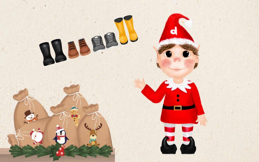 Nisse mit Weihnachtsbeutel und Schuhen