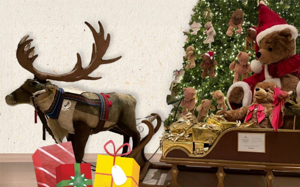 Steiff Rentier Schlitten mit Teddybär und Weihnachtsbaum