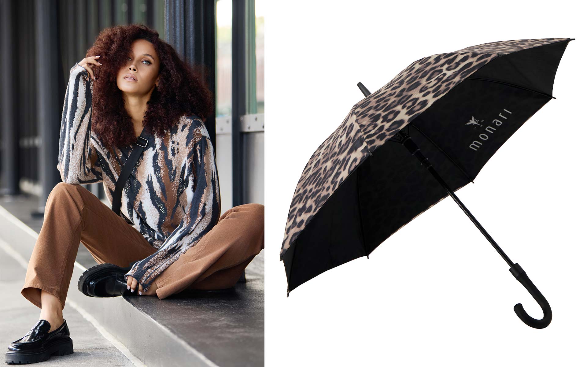 Model in monari Herbstkollektion und Leo Regenschirm