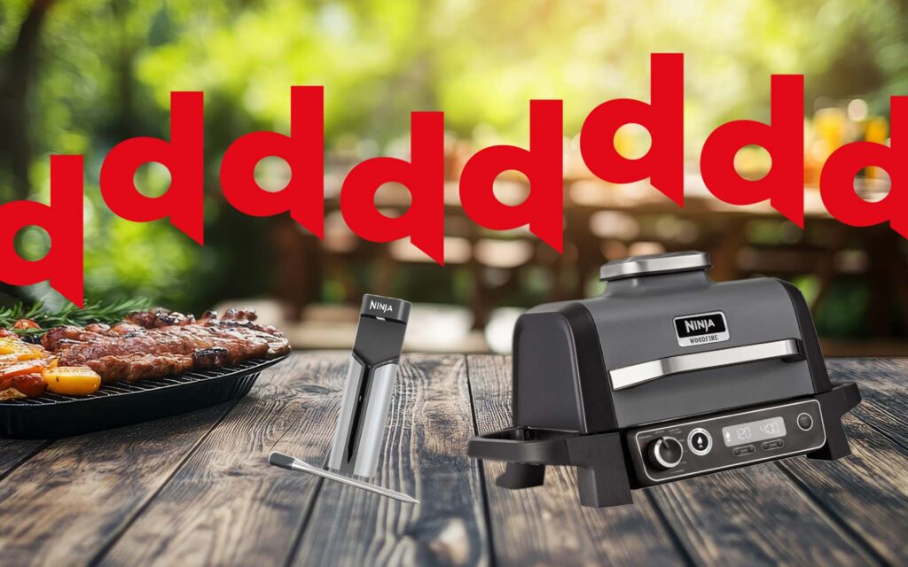 Grillplatte, Ninja Thermometer und Ninja Grill auf einem Holztisch mit d-Markern darüber