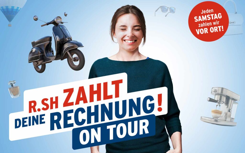 Lächelnde Frau, drum herum verschiedene Gewinne