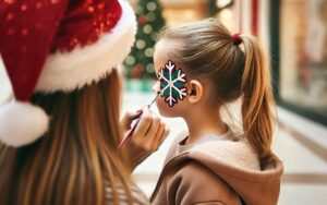 Kind wird am Nikolaus in der Mall geschminkt