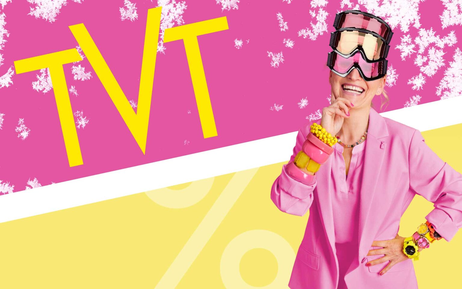 Frau im pinken Blazer mit vielen Skibrillen