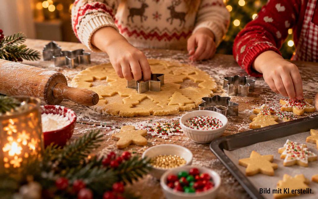 Kinderhände verzieren weihnachtliche Kekse