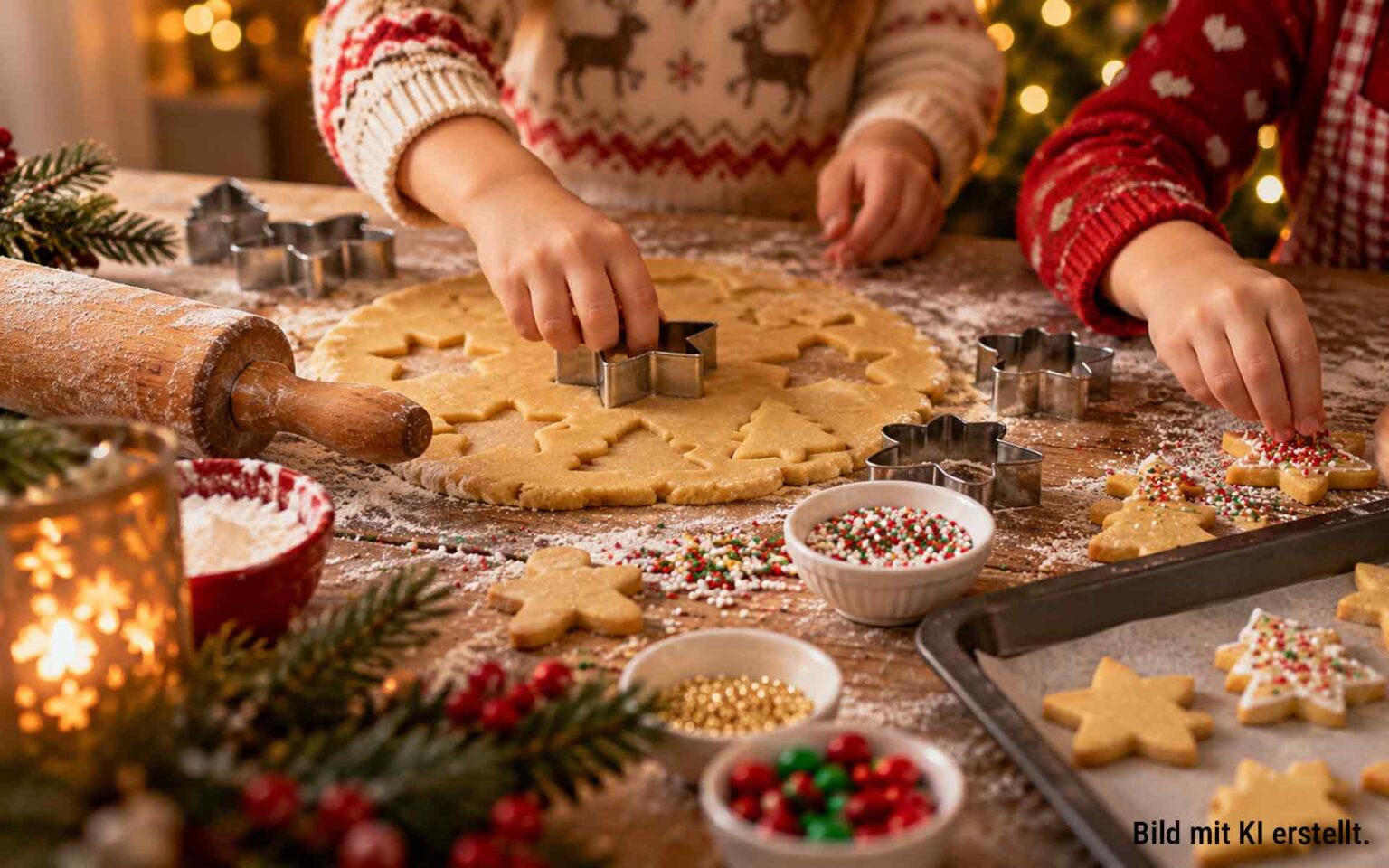 Kinderhände verzieren weihnachtliche Kekse