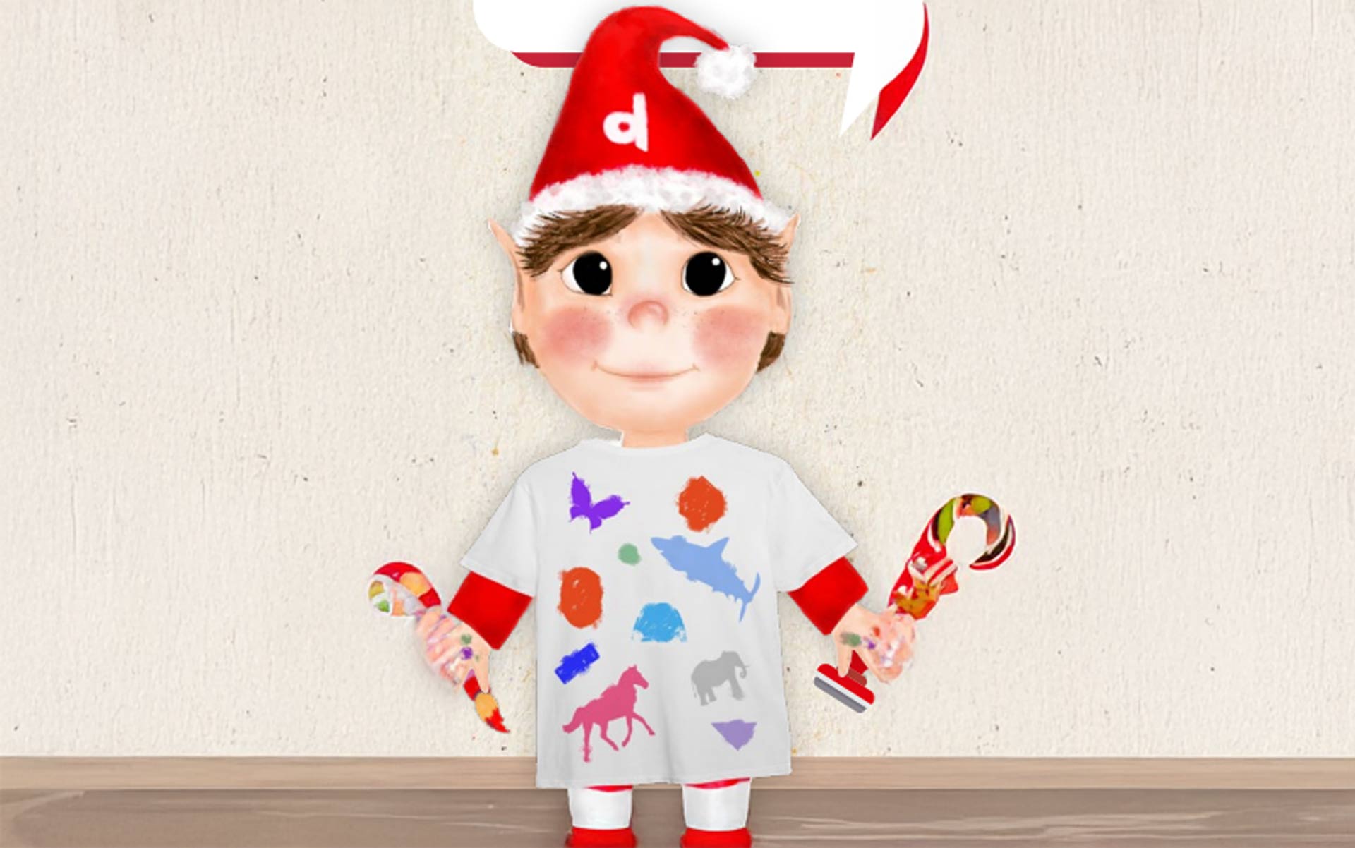 Nisse Weihnachtself mit bunt bemaltem T-Shirt