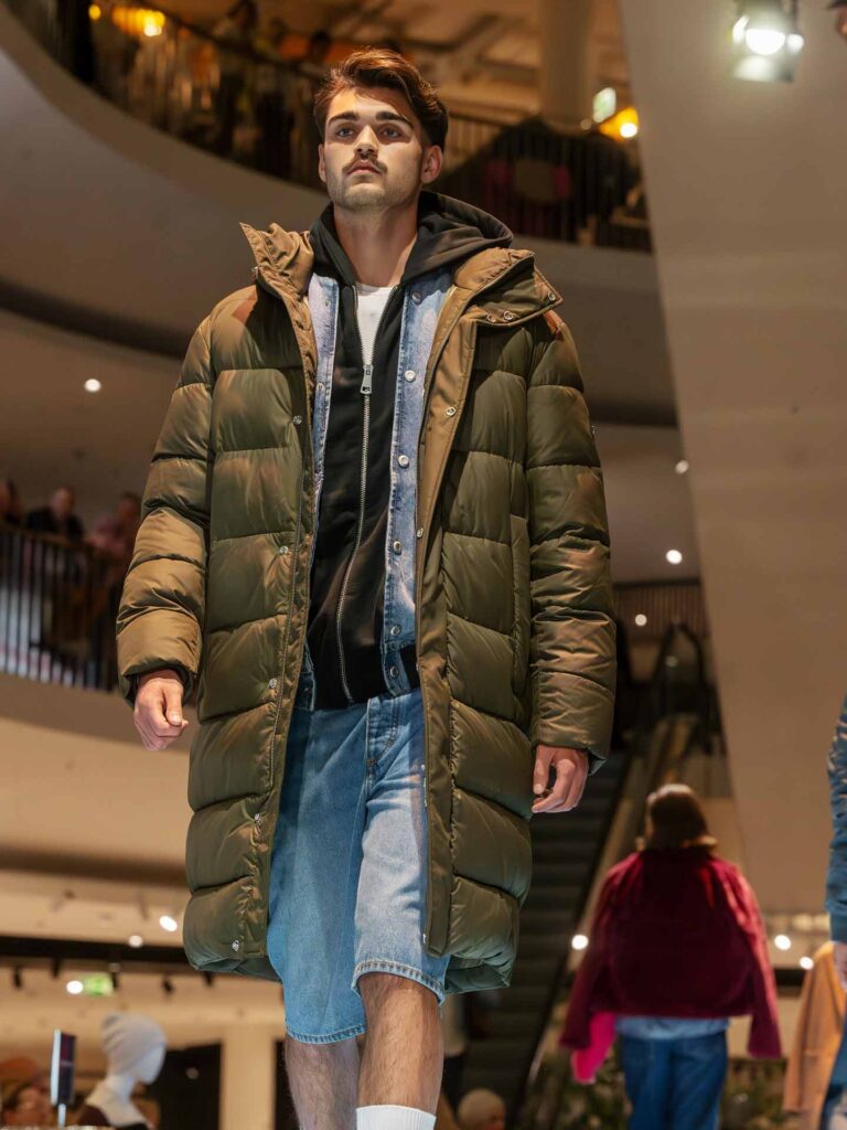 Model in Winterjacke auf dem Laufsteg
