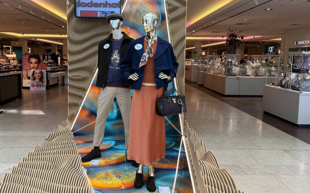 Eingangsbereich der ModeWelt mit einer weiblichen und einer männlichen Puppe, welche herbstliche Kleidung in den Farben Rostrot, Blau, Schwarz und Beige tragen.