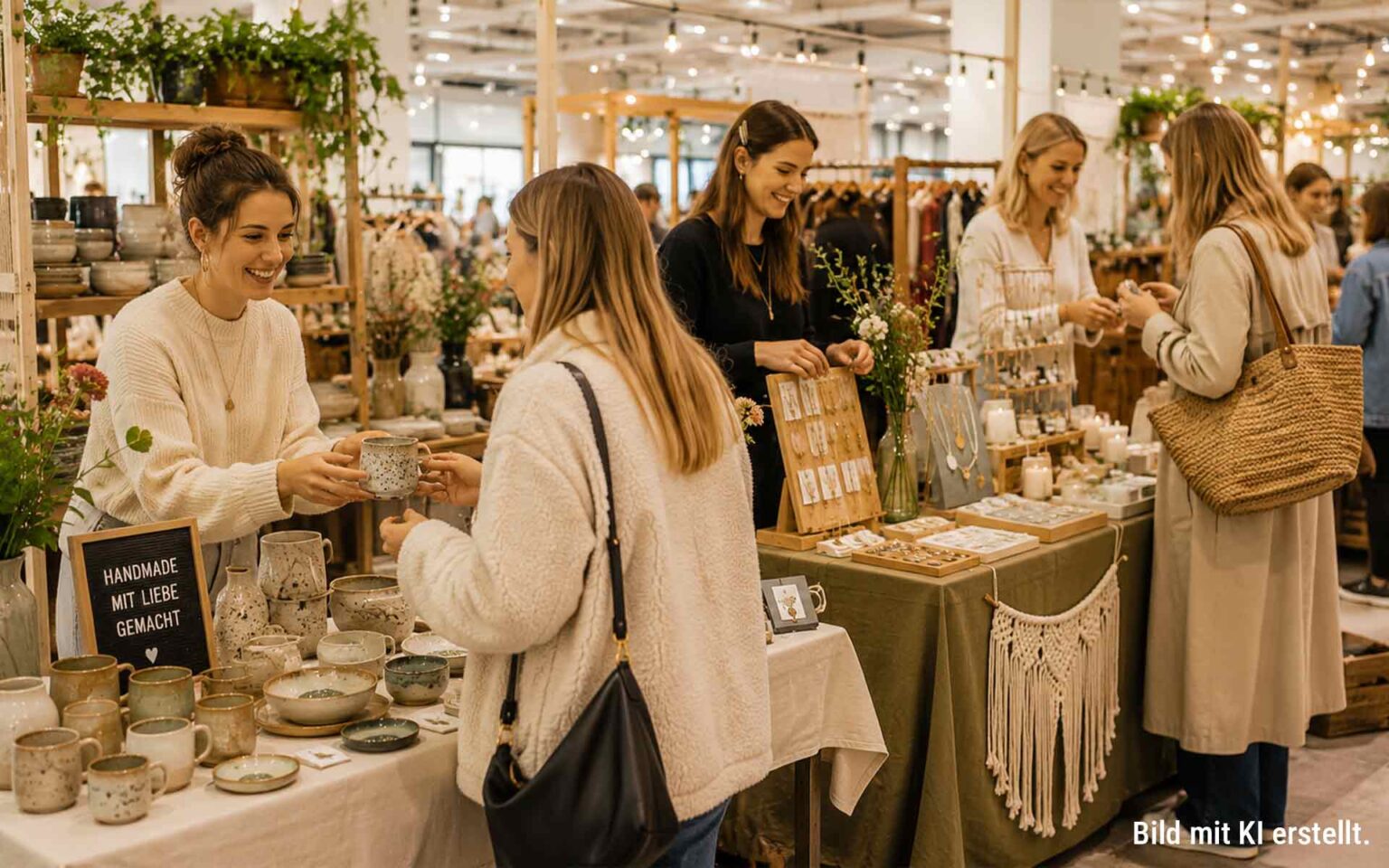 Personen shoppen an Ständen