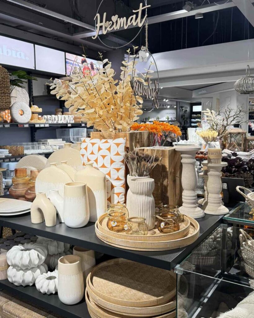 Verschiedene Vasen und Kerzenständer in weiß und beige