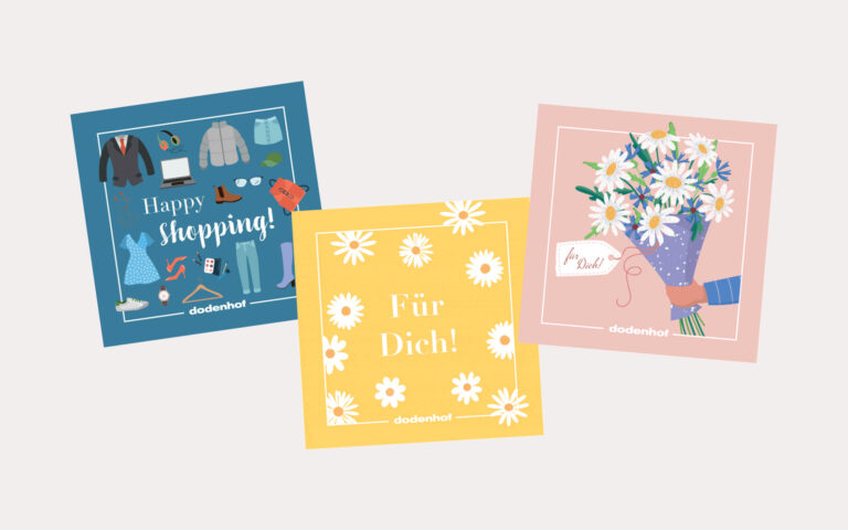 Gutscheinkarten in blau, gelb und rosa mit verschiedenen Motiven